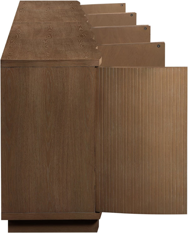 Meridian Furniture Aveline Fluted Oak Veneer Modular Buffet Sideboard with Curved Silhouette for Dining Rooms Brown 126" W (4pc) 77006Brown-T-4PC