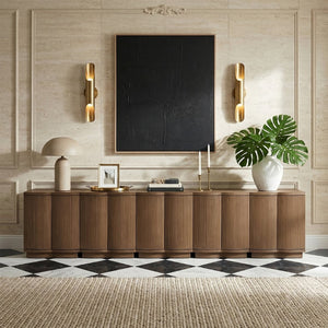 Meridian Furniture Aveline Fluted Oak Veneer Modular Buffet Sideboard with Curved Silhouette for Dining Rooms Brown 157.5" W (5pc) 77006Brown-T-5PC