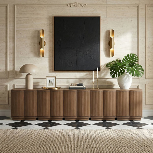 Meridian Furniture Aveline Fluted Oak Veneer Modular Buffet Sideboard with Curved Silhouette for Dining Rooms Brown 157.5" W (5pc) 77006Brown-T-5PC