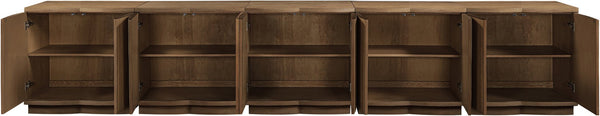 Meridian Furniture Aveline Fluted Oak Veneer Modular Buffet Sideboard with Curved Silhouette for Dining Rooms Brown 157.5" W (5pc) 77006Brown-T-5PC