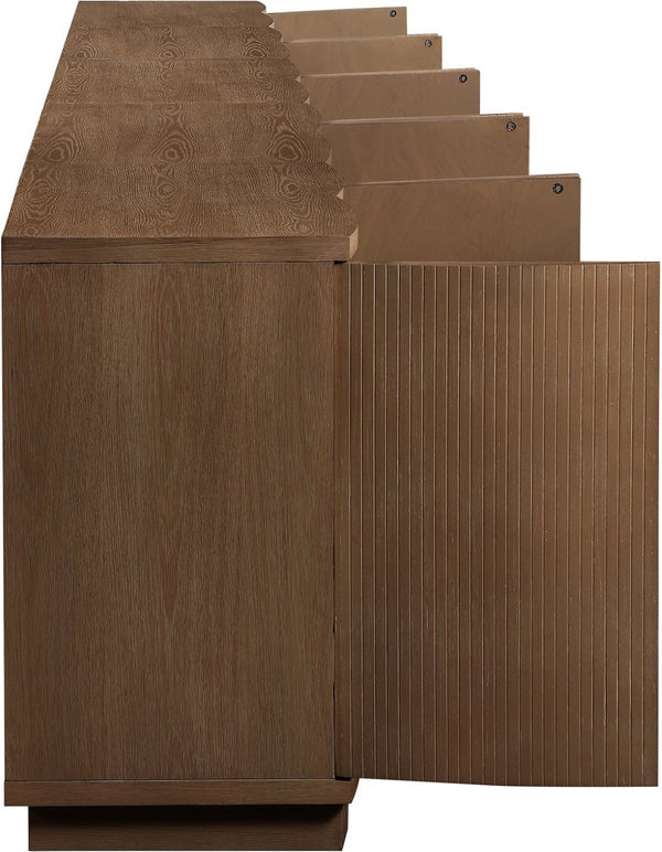 Meridian Furniture Aveline Fluted Oak Veneer Modular Buffet Sideboard with Curved Silhouette for Dining Rooms Brown 157.5" W (5pc) 77006Brown-T-5PC