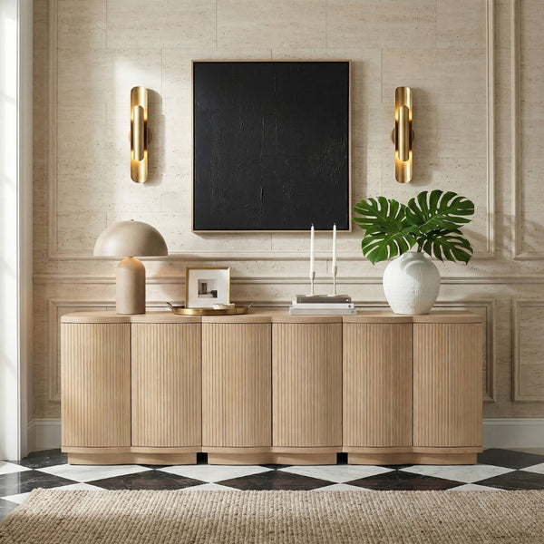 Meridian Furniture Aveline Fluted Oak Veneer Modular Buffet Sideboard with Curved Silhouette for Dining Rooms Natural 94.5" W (3pc) 77006Natural-T-3PC