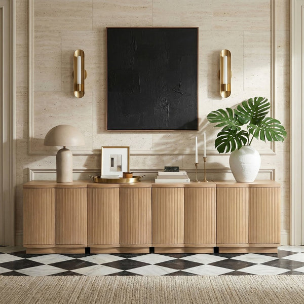 Meridian Furniture Aveline Fluted Oak Veneer Modular Buffet Sideboard with Curved Silhouette for Dining Rooms Natural 126" W (4pc) 77006Natural-T-4PC