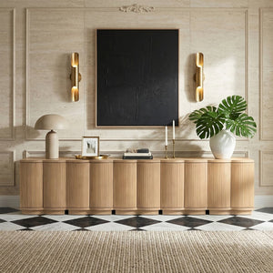 Meridian Furniture Aveline Fluted Oak Veneer Modular Buffet Sideboard with Curved Silhouette for Dining Rooms Natural 157.5" W (5pc) 77006Natural-T-5PC