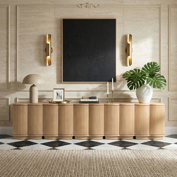 Meridian Furniture Aveline Fluted Oak Veneer Modular Buffet Sideboard with Curved Silhouette for Dining Rooms Natural 157.5" W (5pc) 77006Natural-T-5PC