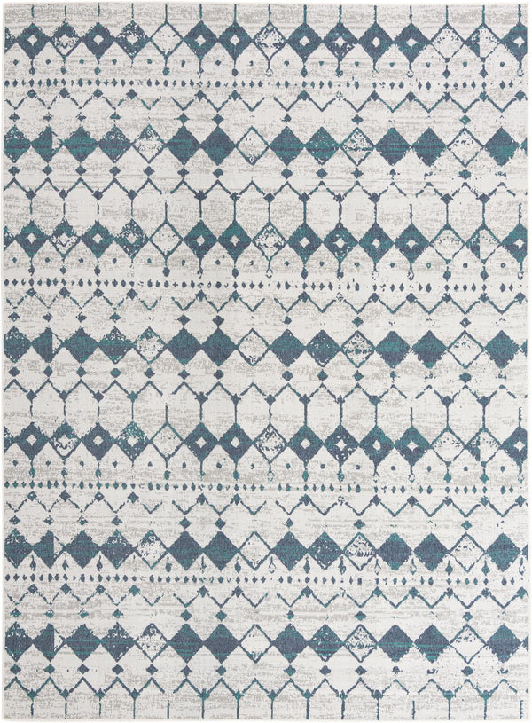 Unique Loom Outdoor Trellis Cardak Machine Made Geometric Rug Ivory and Blue, Navy Blue/Gray/Green 9' 0" x 12' 2"