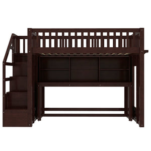 English Elm Twin Loft Bed with Movable Desk Open Shelving and Storage Stairs in Espresso W1580S00336