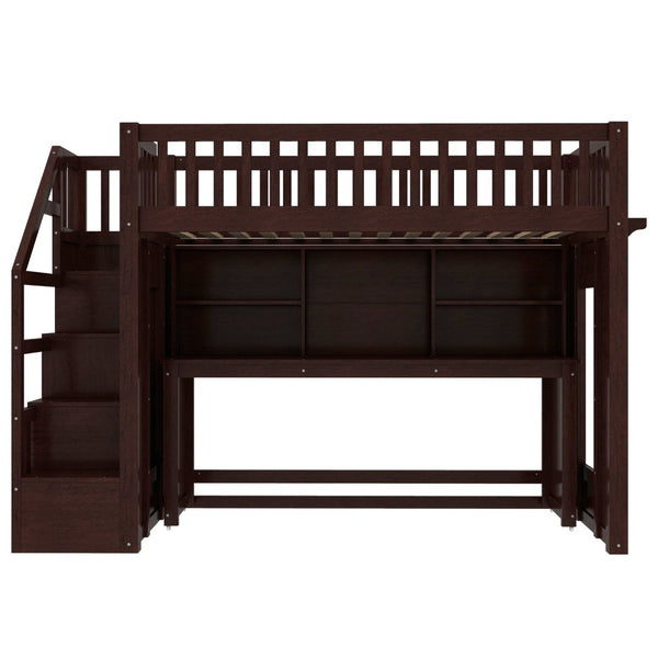 English Elm Twin Loft Bed with Movable Desk Open Shelving and Storage Stairs in Espresso W1580S00336