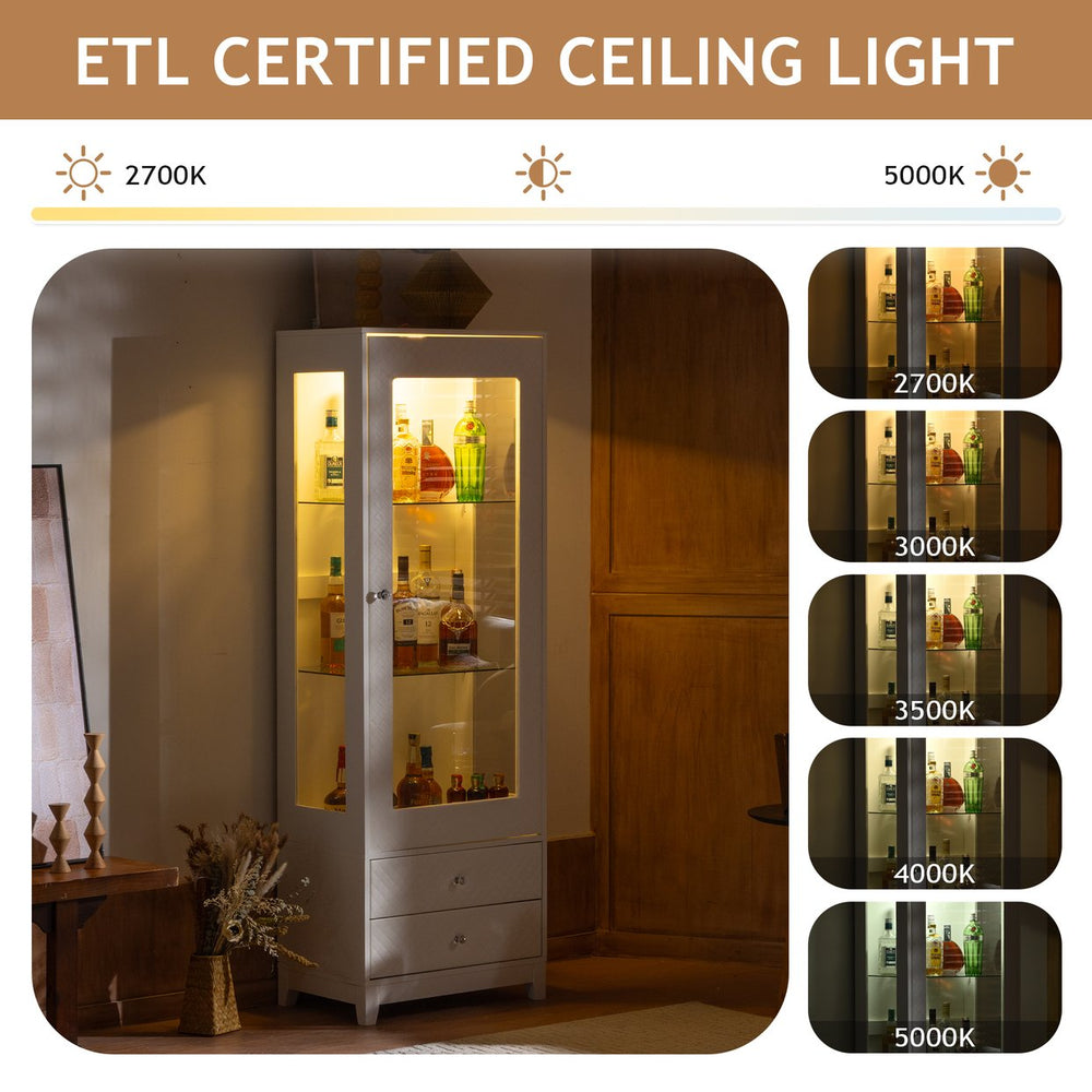 English Elm 71'' Upholstered Diamond-Pattern Display Cabinet with 5-Color LED, Glass Shelves, Drawers, White N845P277577W