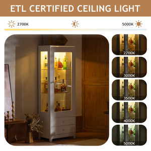 English Elm 71'' Upholstered Diamond-Pattern Display Cabinet with 5-Color LED, Glass Shelves, Drawers, White N845P277577W