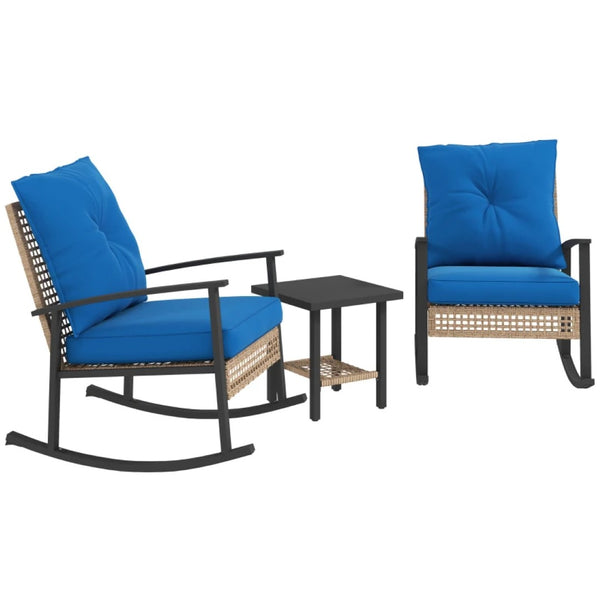 English Elm Patio Pe Rattan Rocking Chair Set with Tufted Cushions and Matching Coffee Table Blue T3971P419117