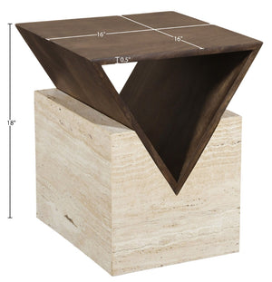 Meridian Furniture Opus Travertine Pedestal End Table with Fluted Mango Wood Top Art Deco Style 77013Brown-ET