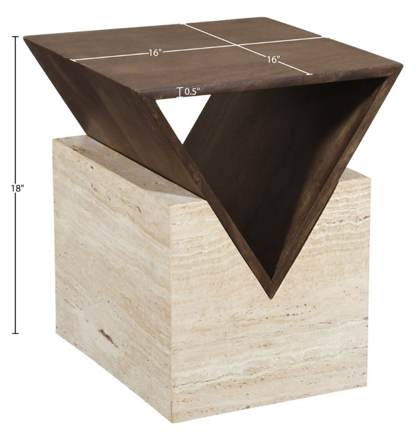 Meridian Furniture Opus Travertine Pedestal End Table with Fluted Mango Wood Top Art Deco Style 77013Brown-ET