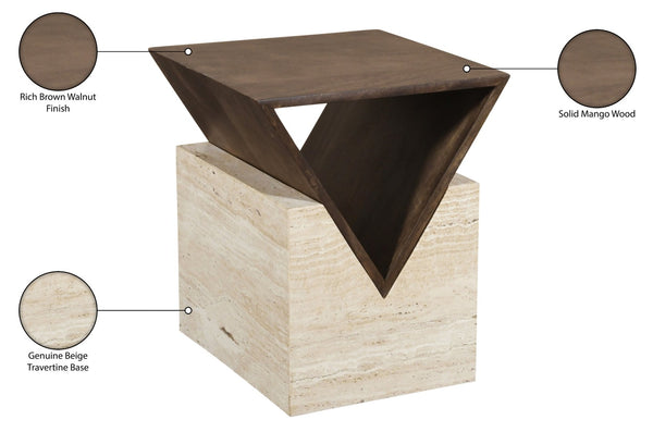 Meridian Furniture Opus Travertine Pedestal End Table with Fluted Mango Wood Top Art Deco Style 77013Brown-ET