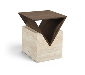 Meridian Furniture Opus Travertine Pedestal End Table with Fluted Mango Wood Top Art Deco Style 77013Brown-ET