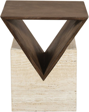 Meridian Furniture Opus Travertine Pedestal End Table with Fluted Mango Wood Top Art Deco Style 77013Brown-ET