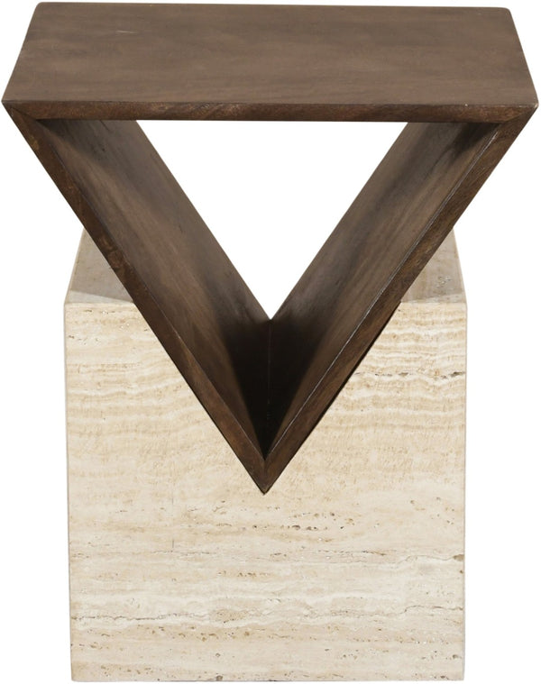 Meridian Furniture Opus Travertine Pedestal End Table with Fluted Mango Wood Top Art Deco Style 77013Brown-ET