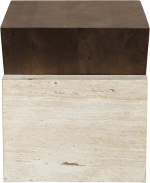 Meridian Furniture Opus Travertine Pedestal End Table with Fluted Mango Wood Top Art Deco Style 77013Brown-ET