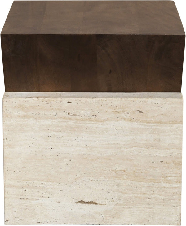 Meridian Furniture Opus Travertine Pedestal End Table with Fluted Mango Wood Top Art Deco Style 77013Brown-ET