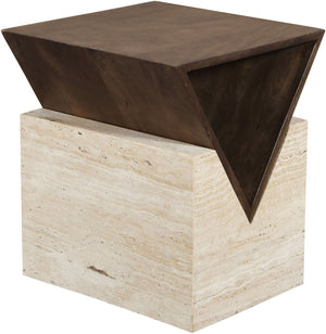 Meridian Furniture Opus Travertine Pedestal End Table with Fluted Mango Wood Top Art Deco Style 77013Brown-ET