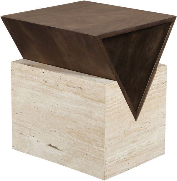 Meridian Furniture Opus Travertine Pedestal End Table with Fluted Mango Wood Top Art Deco Style 77013Brown-ET