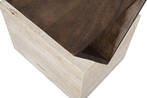 Meridian Furniture Opus Travertine Pedestal End Table with Fluted Mango Wood Top Art Deco Style 77013Brown-ET