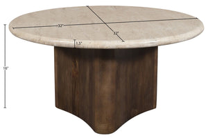 Meridian Furniture Pietra Round Travertine Top Coffee Table with Fluted Mango Wood Pedestal Base 77014Brown-CT