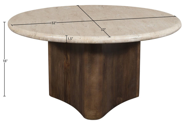 Meridian Furniture Pietra Round Travertine Top Coffee Table with Fluted Mango Wood Pedestal Base 77014Brown-CT