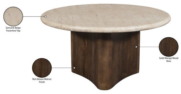 Meridian Furniture Pietra Round Travertine Top Coffee Table with Fluted Mango Wood Pedestal Base 77014Brown-CT