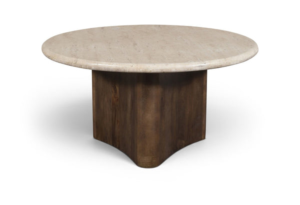 Meridian Furniture Pietra Round Travertine Top Coffee Table with Fluted Mango Wood Pedestal Base 77014Brown-CT