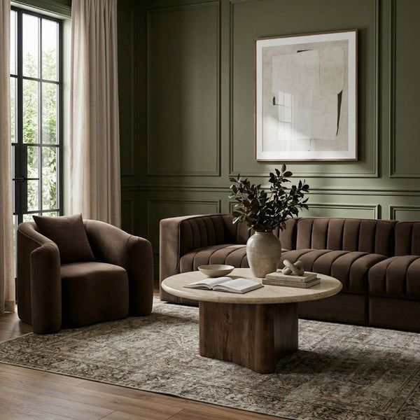 Meridian Furniture Pietra Round Travertine Top Coffee Table with Fluted Mango Wood Pedestal Base 77014Brown-CT