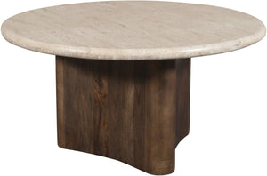 Meridian Furniture Pietra Round Travertine Top Coffee Table with Fluted Mango Wood Pedestal Base 77014Brown-CT