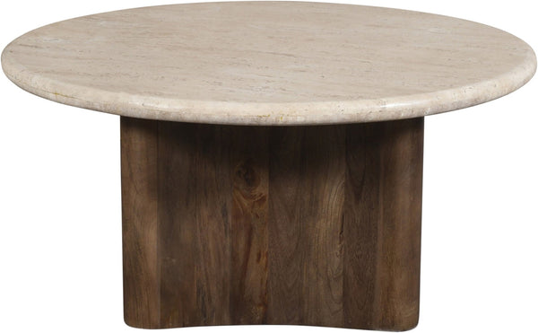 Meridian Furniture Pietra Round Travertine Top Coffee Table with Fluted Mango Wood Pedestal Base 77014Brown-CT