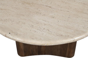 Meridian Furniture Pietra Round Travertine Top Coffee Table with Fluted Mango Wood Pedestal Base 77014Brown-CT