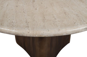 Meridian Furniture Pietra Round Travertine Top Coffee Table with Fluted Mango Wood Pedestal Base 77014Brown-CT