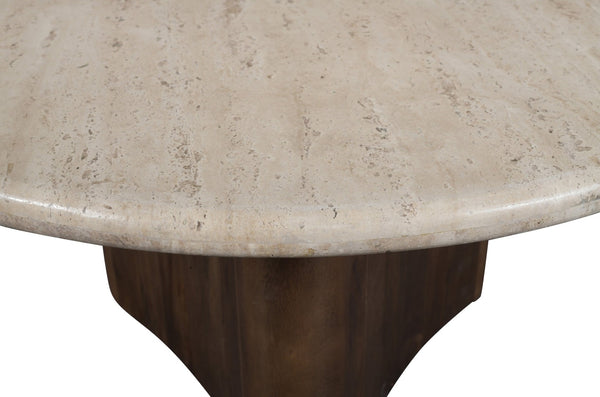 Meridian Furniture Pietra Round Travertine Top Coffee Table with Fluted Mango Wood Pedestal Base 77014Brown-CT