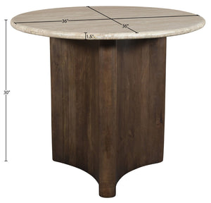 Meridian Furniture Pietra Round Travertine Top Dining Table with Fluted Mango Wood Pedestal Base for Modern 36 inches 77014Brown-DT36