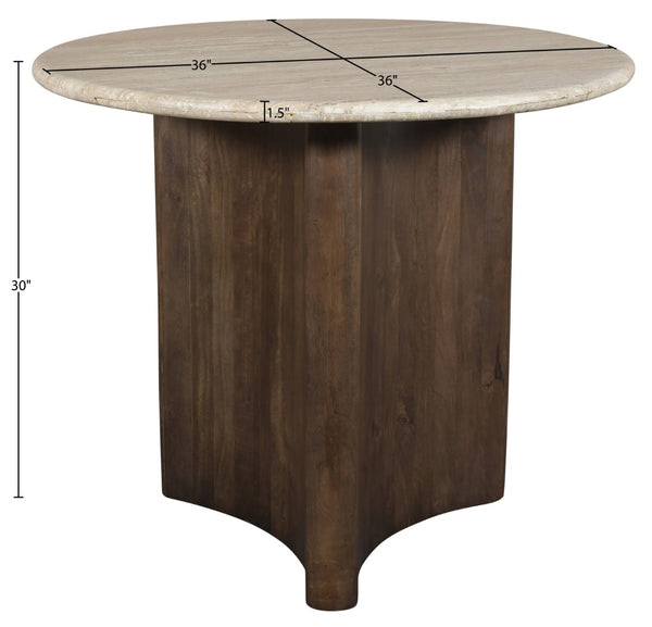 Meridian Furniture Pietra Round Travertine Top Dining Table with Fluted Mango Wood Pedestal Base for Modern 36 inches 77014Brown-DT36