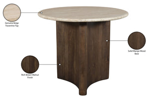 Meridian Furniture Pietra Round Travertine Top Dining Table with Fluted Mango Wood Pedestal Base for Modern 36 inches 77014Brown-DT36