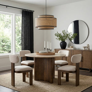 Meridian Furniture Pietra Round Travertine Top Dining Table with Fluted Mango Wood Pedestal Base for Modern 36 inches 77014Brown-DT36