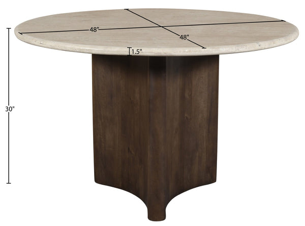 Meridian Furniture Pietra Round Travertine Top Dining Table with Fluted Mango Wood Pedestal Base for Modern 48 inches 77014Brown-DT48
