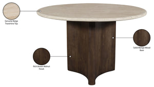 Meridian Furniture Pietra Round Travertine Top Dining Table with Fluted Mango Wood Pedestal Base for Modern 48 inches 77014Brown-DT48