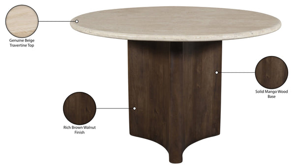 Meridian Furniture Pietra Round Travertine Top Dining Table with Fluted Mango Wood Pedestal Base for Modern 48 inches 77014Brown-DT48