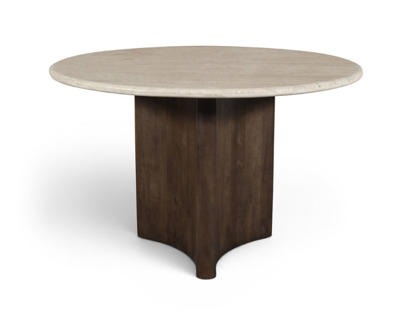 Meridian Furniture Pietra Round Travertine Top Dining Table with Fluted Mango Wood Pedestal Base for Modern 48 inches 77014Brown-DT48