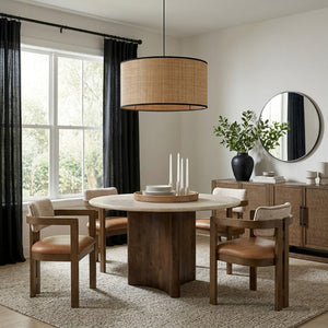 Meridian Furniture Pietra Round Travertine Top Dining Table with Fluted Mango Wood Pedestal Base for Modern 48 inches 77014Brown-DT48