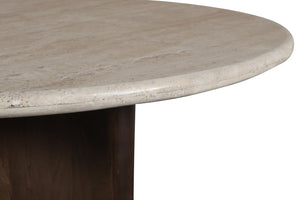 Meridian Furniture Pietra Round Travertine Top Dining Table with Fluted Mango Wood Pedestal Base for Modern 48 inches 77014Brown-DT48
