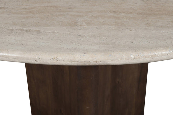 Meridian Furniture Pietra Round Travertine Top Dining Table with Fluted Mango Wood Pedestal Base for Modern 48 inches 77014Brown-DT48