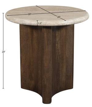 Meridian Furniture Pietra Travertine Top Mango Wood Fluted Pedestal End Table for Living Room 77014Brown-ET