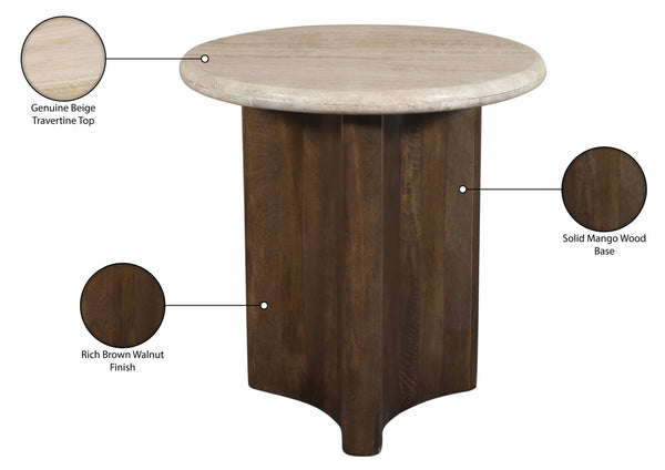 Meridian Furniture Pietra Travertine Top Mango Wood Fluted Pedestal End Table for Living Room 77014Brown-ET