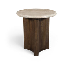 Meridian Furniture Pietra Travertine Top Mango Wood Fluted Pedestal End Table for Living Room 77014Brown-ET